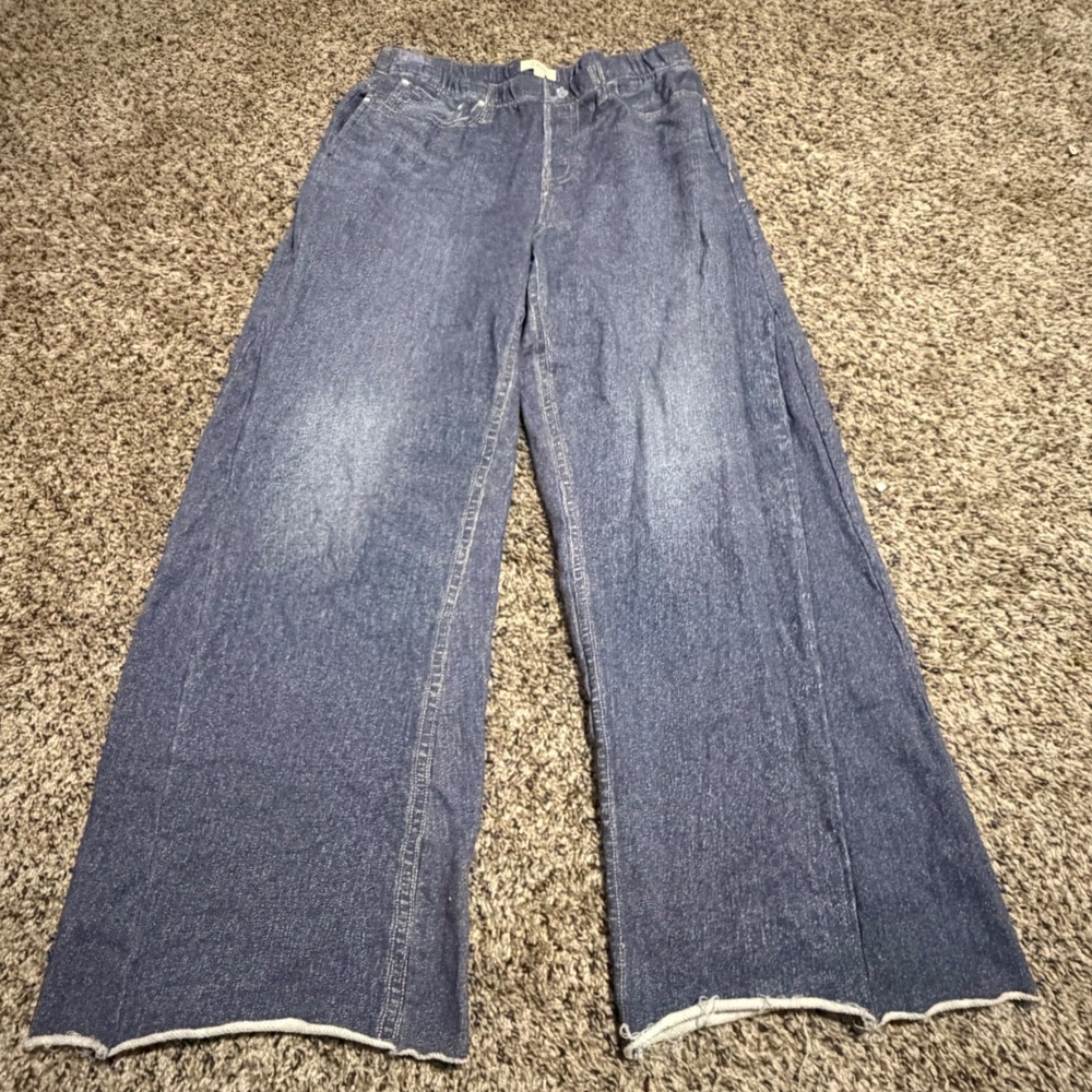 Elan Blue Denim Print Wide Leg Lounge Pants JF2280 Womens Size L High Rise Comfy